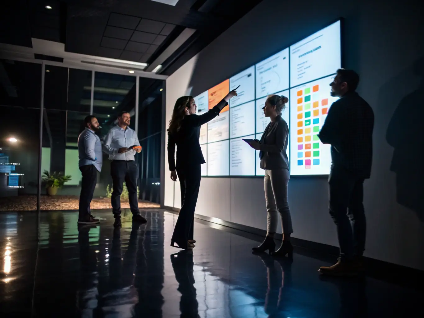 A team collaborating around a large interactive display showcasing productivity metrics and performance goals, with PerformancePRO software interface visible.